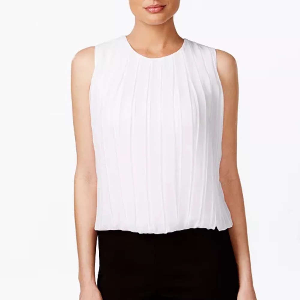 Calvin Klein Women's Sleeveless Pleated Bubble Hem Blouse White Size XL
